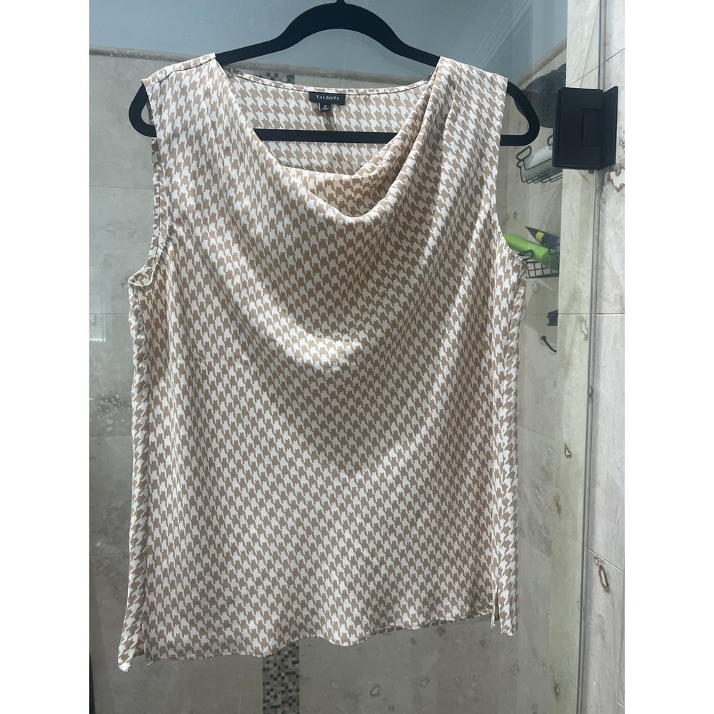 Talbots Silky Draped Neck Houndstooth Blouse Sz 12 Sleeveless Career Nude White